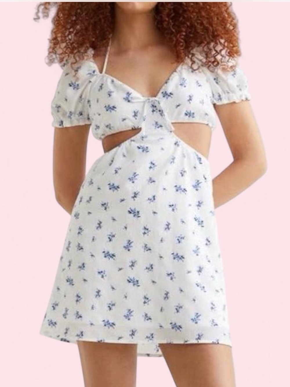 H&M White Mini Dress with Blue Floral Print and Puff Sleeves